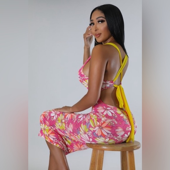 Pink Floral Cut Out Yellow Self Tie Back Closure Midi Dress - Picture 5 of 15